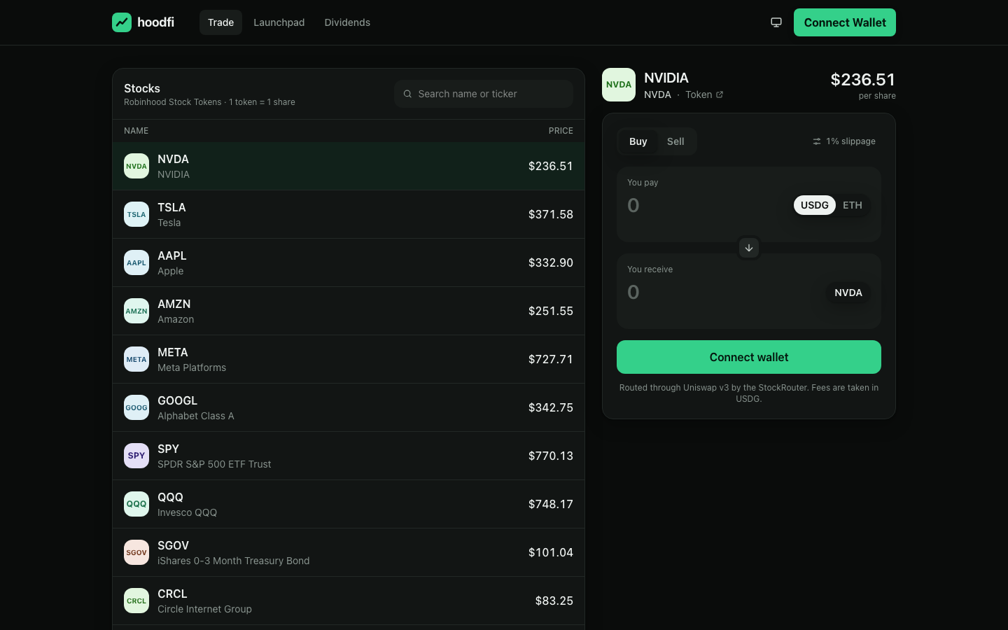 Trading screen: stock list with live prices and a swap card